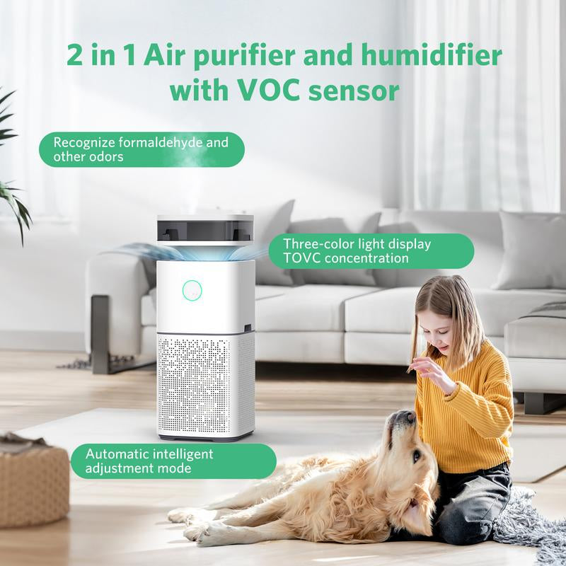 COWSAR 2 in 1 Air Purifier with Humidifier for Home Large Room or Office, with Automatic Mode, Air Quality Display, Ultrasonic Wave Atomizes Water, Cover up to 800 Ft² with 300 CFM, 360°Air Outlet, White