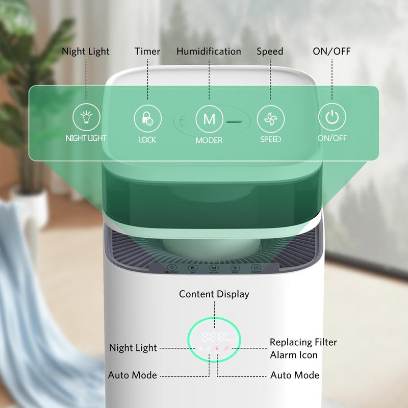 COWSAR 2 in 1 Air Purifier with Humidifier for Home Large Room or Office, with Automatic Mode, Air Quality Display, Ultrasonic Wave Atomizes Water, Cover up to 800 Ft² with 300 CFM, 360°Air Outlet, White