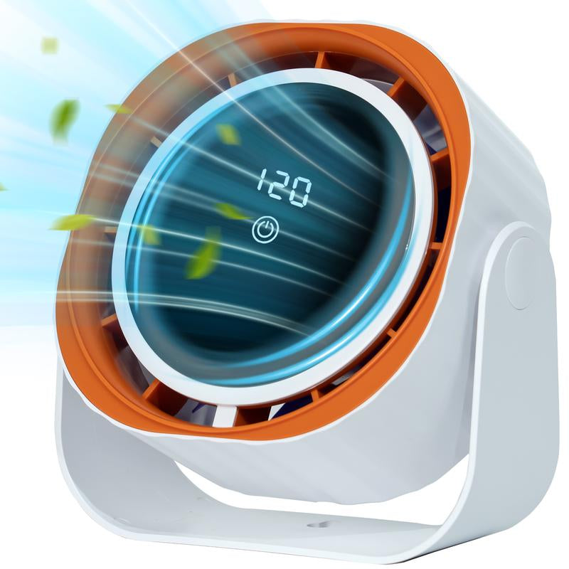 Desk Fan with Touch Screen Digital Display, 360° Adjustable, USB Powered, Powerful Airflow, Space Saving, 4 Speed Settings for Home, Office, Camping, and Travel Use