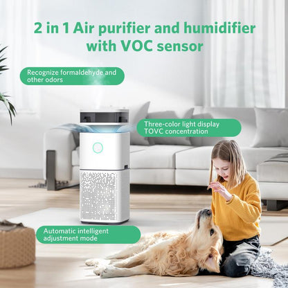 COWSAR 2 in 1 Air Purifier with Humidifier for Home Large Room or Office, with Automatic Mode, Air Quality Display, Ultrasonic Wave Atomizes Water, Cover up to 800 Ft² with 300 CFM, 360°Air Outlet, White